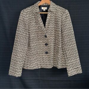 Talbots Petites Black Tan Chevron 3 Button Jacket Blazer Lined Size 14 14P